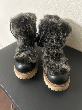 Circus by Sam Edelman Black Faux Fur Lace-Up Ankle Boots